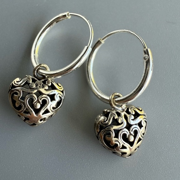 Sterling Silver Filigree  Hoop Heart Earrings - Picture 5 of 7